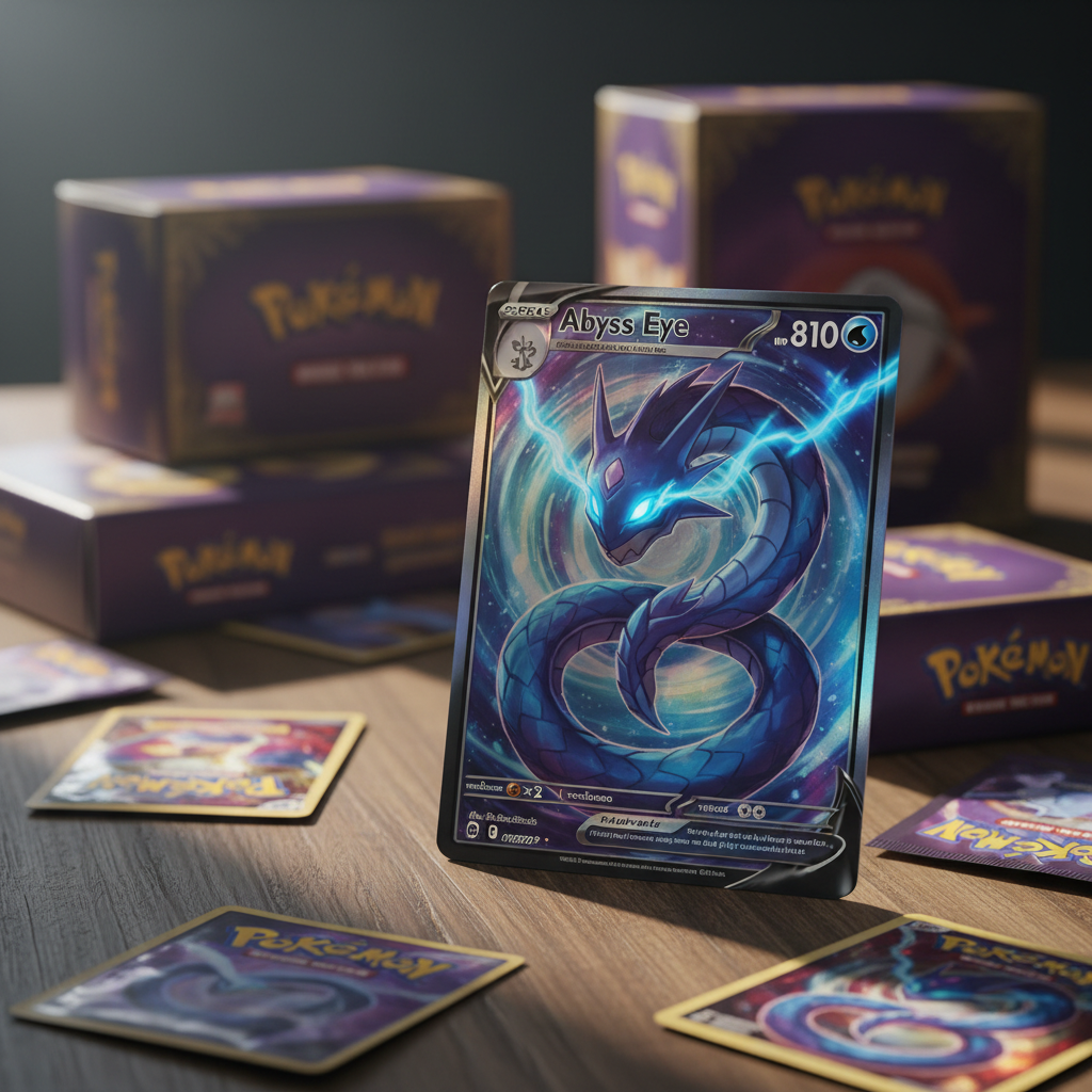 Close-up of a holographic Pokémon card featuring a new, powerful-looking Pokémon with glowing blue eyes, hinting at the Abyss Eye set.