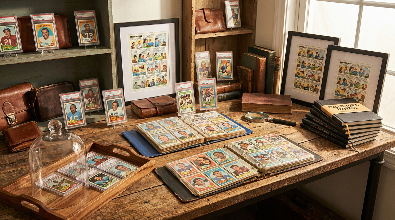 A curated display of various trading cards in different display methods, artfully arranged.