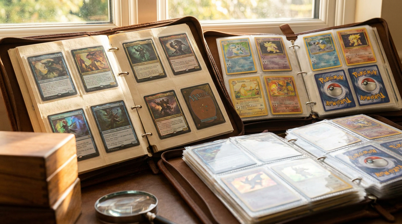 Close-up of a meticulously organised collection of valuable TCG single cards in binders.