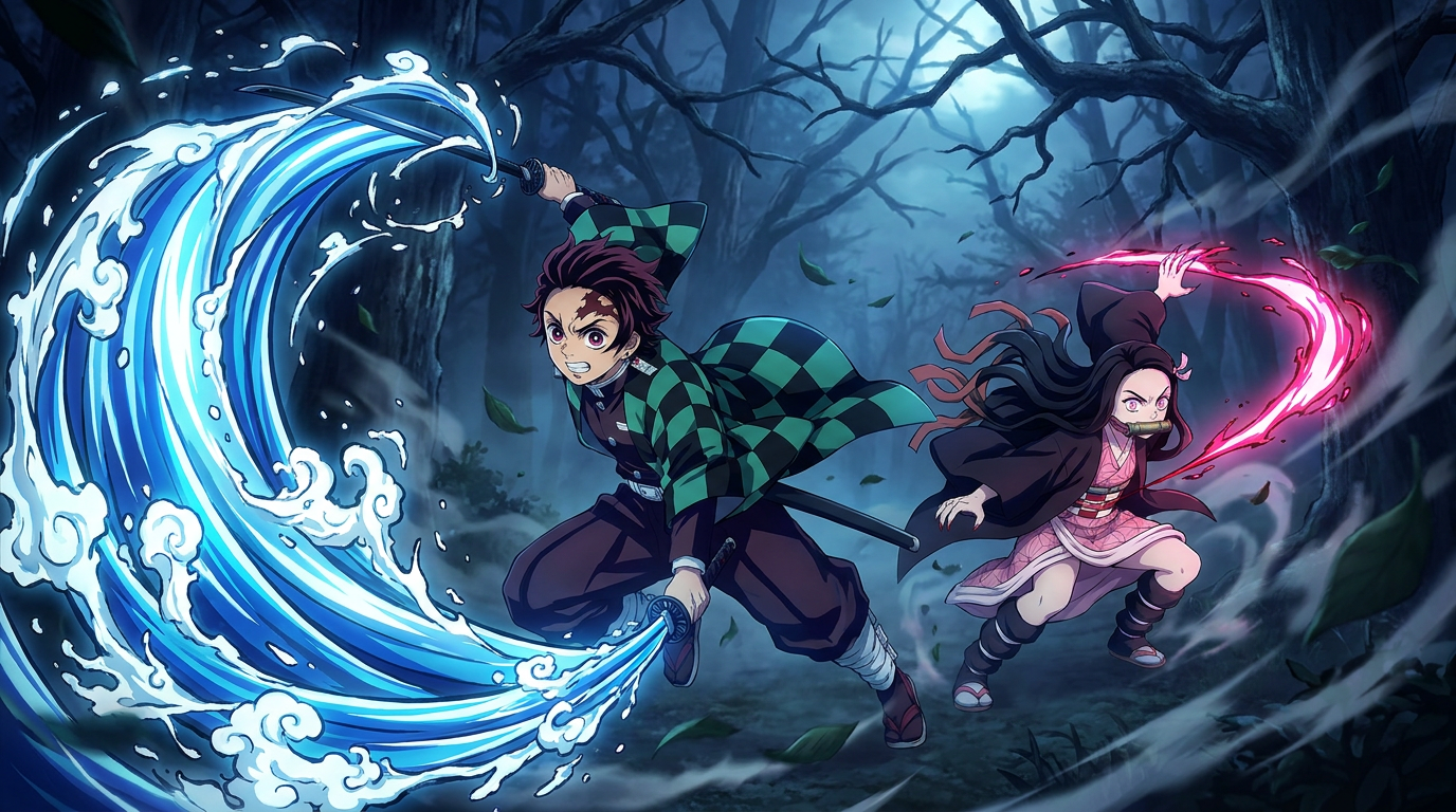 Demon Slayer TCG cards featuring Tanjiro and Nezuko, with booster packs in the background.