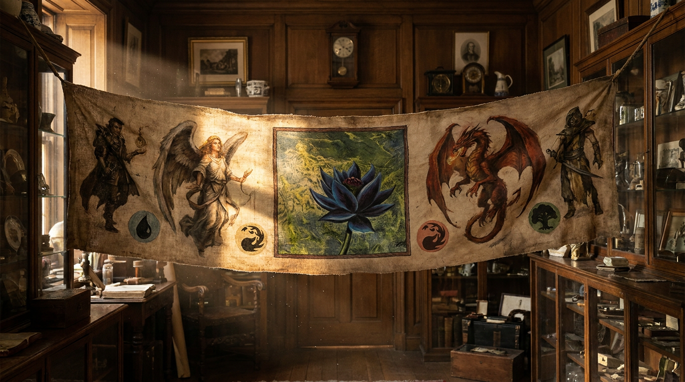 Close-up of vintage Magic: The Gathering cards with iconic artwork.