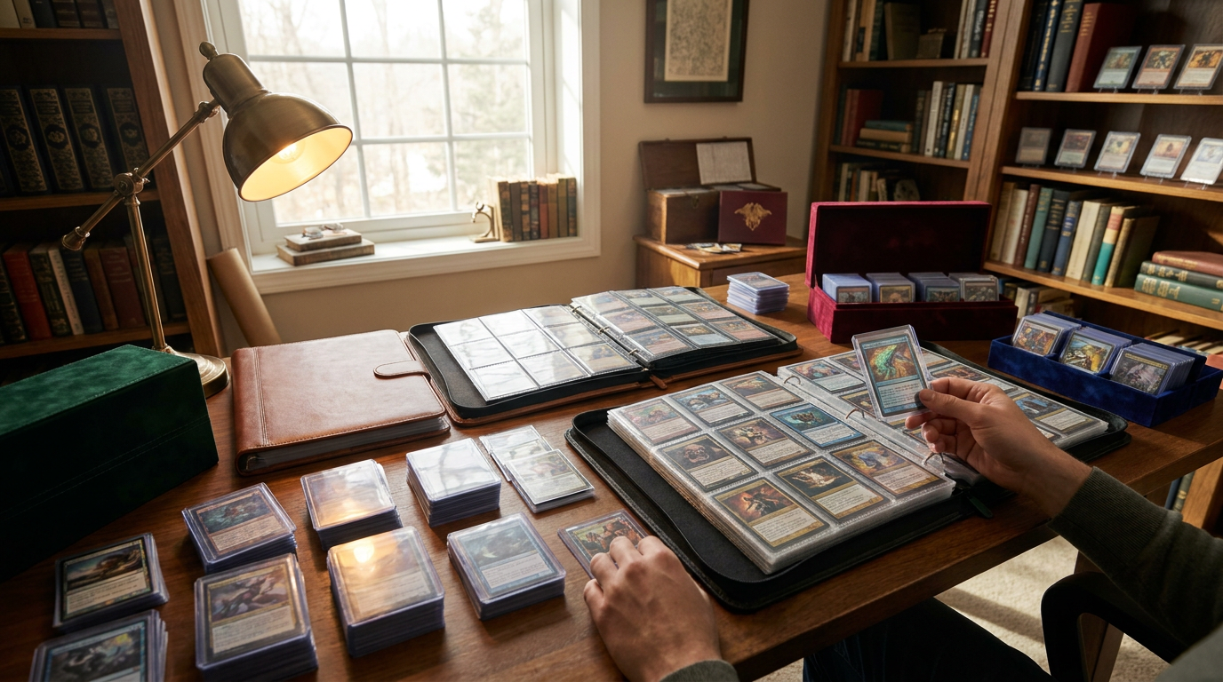 A neatly organised collection of various TCG cards, housed in binders and protected by sleeves.