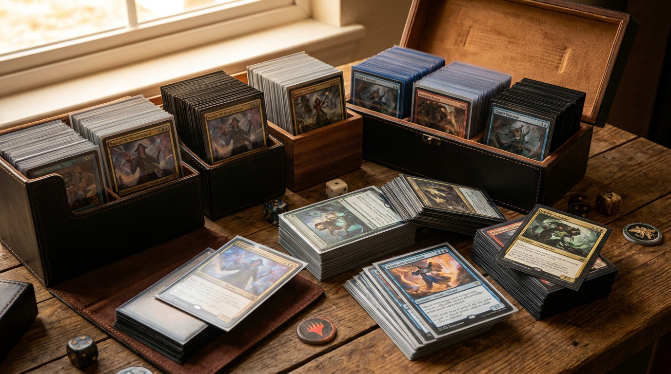 Close-up of Magic: The Gathering cards in sleeves and deck boxes, organised neatly.