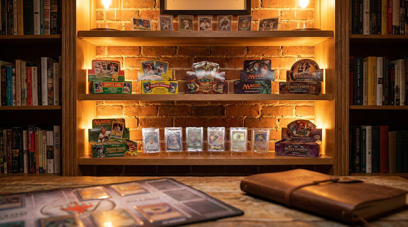 A collection of various sealed trading card game booster boxes and sealed packs meticulously arranged on a display shelf.