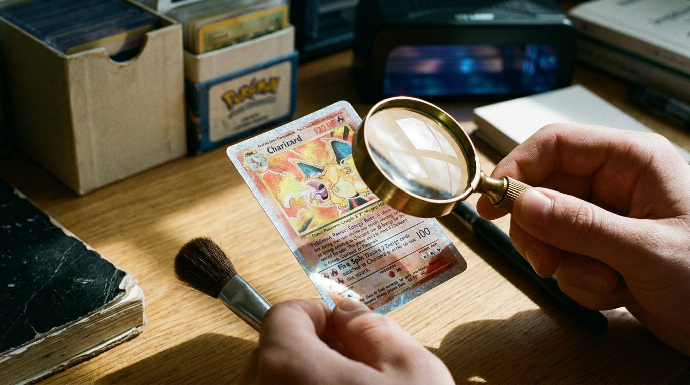 Close-up of a holographic trading card being examined under a magnifying glass for authenticity.