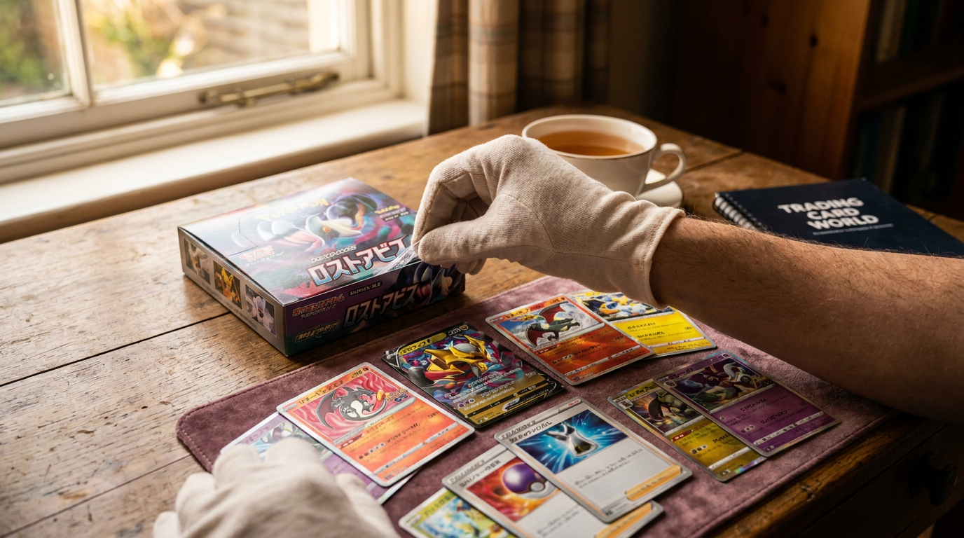 A collector in the UK carefully opening a Japanese Pokémon booster box, with various Japanese Pokémon cards arrayed before them.