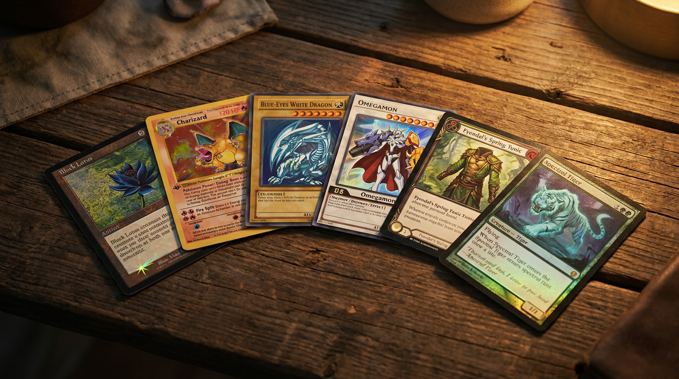 A close-up of several rare trading cards from different games, fanned out on a table.